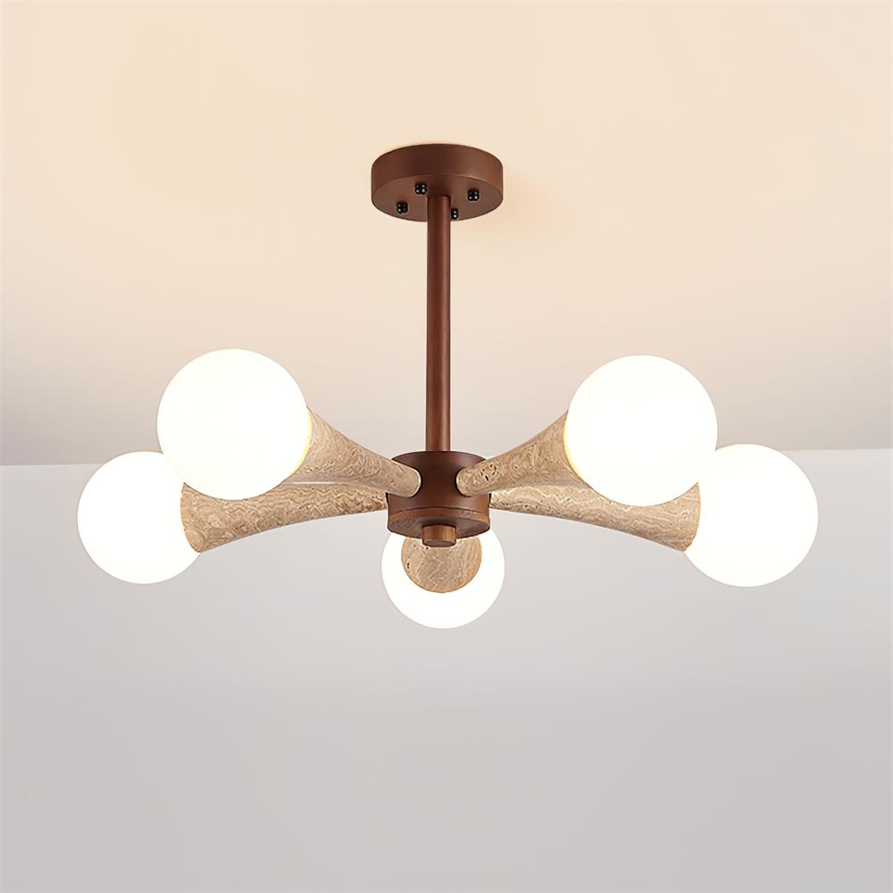 Ceiling Light Branching Travertine Arm Flush Mount With Opal Glass